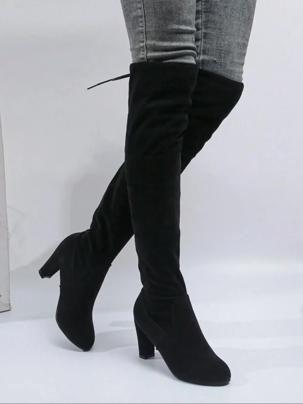 Over-the-Knee Black Suede Block Heel Boots